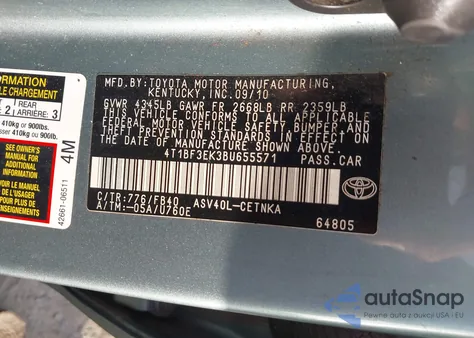 2011 Toyota Camry Le from USA, damaged, VIN 4T1BF3EK3BU655571